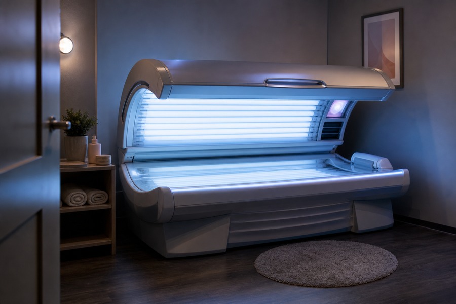Cabine de bronzeamento artificial vazia em ambiente clínico, usada como capa da matéria sobre risco do procedimento