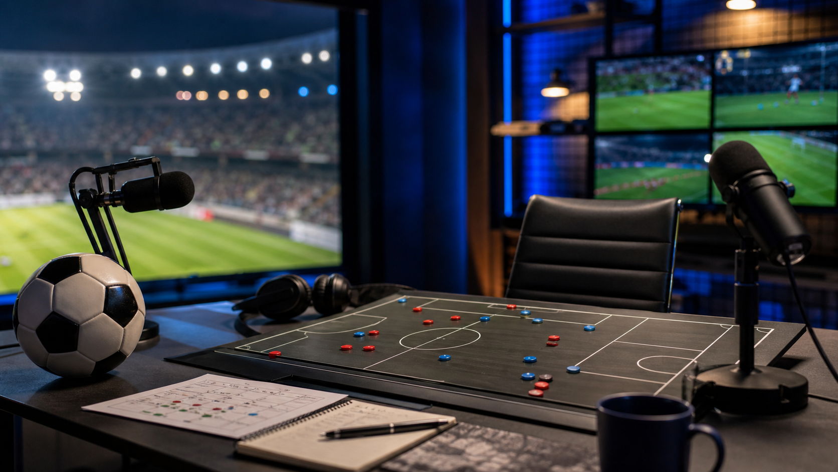 Mesa de análise esportiva com bola, microfones e campo tático