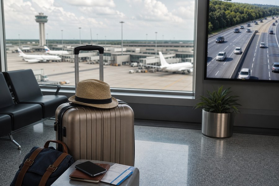 Mala em terminal de aeroporto com vista para aviões e rodovia ao fundo, capa da matéria sobre movimento no feriado de Corpus Christi