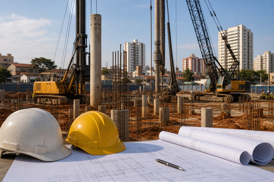 Canteiro de obras com máquinas de fundação, capacetes e plantas, usado como capa da matéria sobre expansão do Grupo JCR