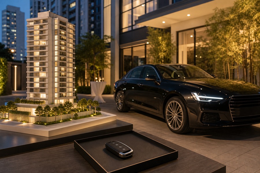 Maquete de empreendimento e carro premium genérico, usados como capa sobre evento no Bairro Jardim