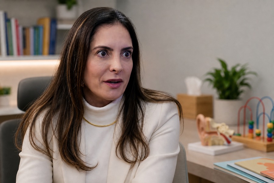 Dra. Juliana Lozano em consultório, usada como capa sobre atraso na fala infantil