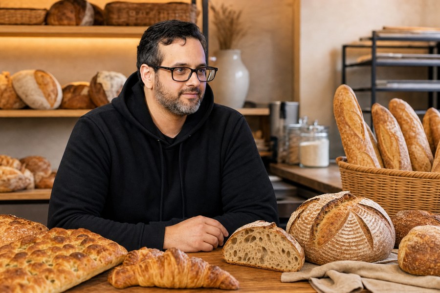 Vini Rebel em padaria artesanal com pães de fermentação natural