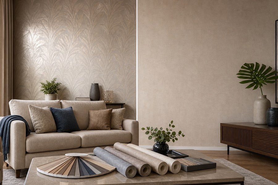 Sala com papéis de parede acetinados e foscos, amostras e rolos decorativos, usada como capa da matéria sobre transformação de ambientes sem obra