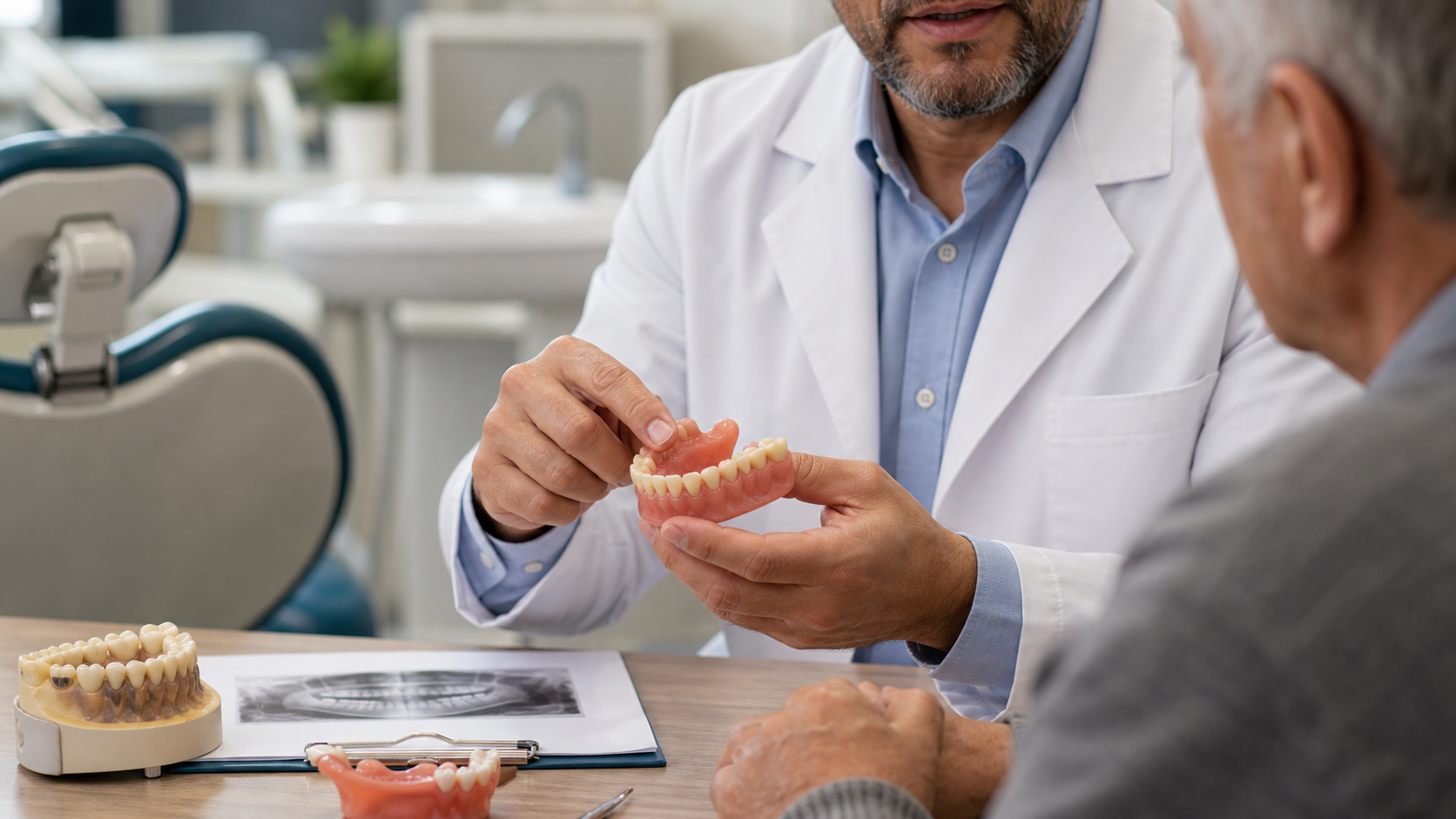 Dentista apresenta prótese dentária em consulta