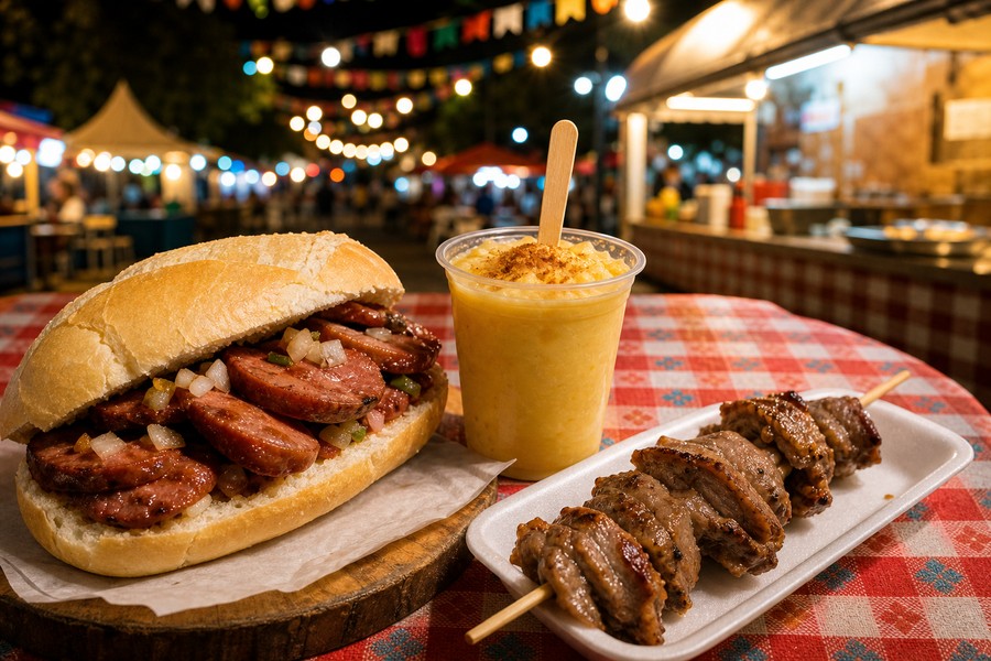 Comidas de quermesse em feira noturna, usadas como capa da matéria sobre roteiro gastronômico no ABC