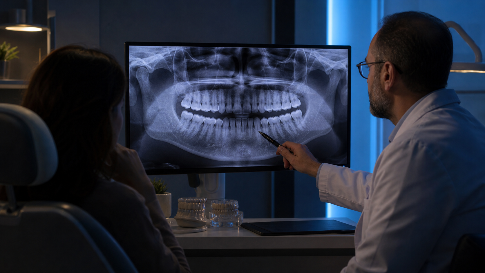 Radiografia panorâmica exibida em monitor odontológico
