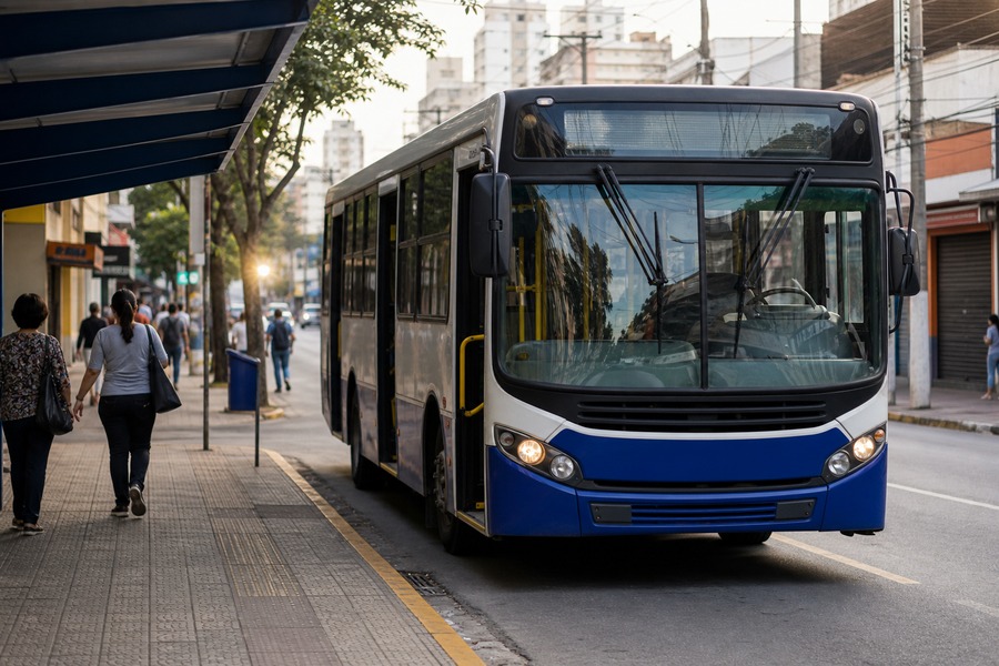 Ônibus urbano genérico em área comercial, usado como capa da matéria sobre tarifa zero em São Caetano