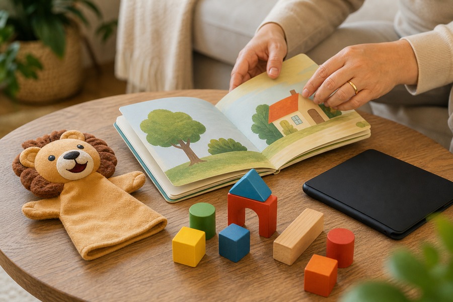 Livro infantil, brinquedos e tablet desligado, usados como capa sobre interação e linguagem